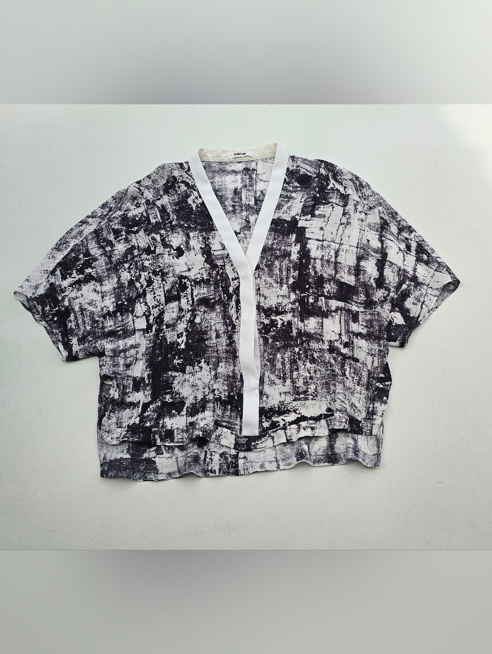 Helmut Lang Silk Blend Abstract Print  Short Sleeve Blouse